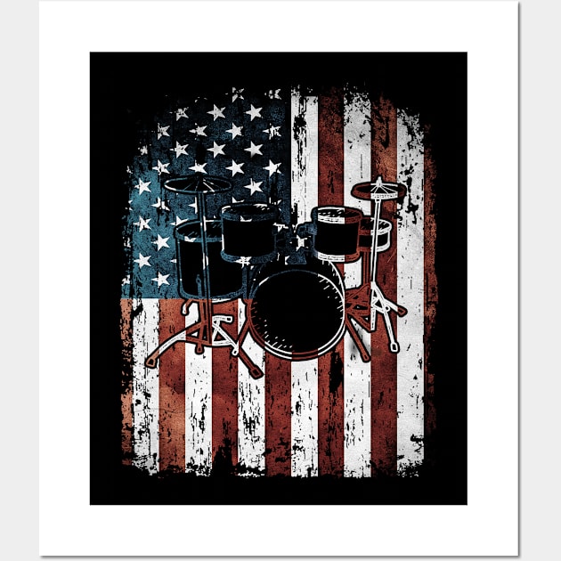 Vintage Drum Drummer USA Flag Wall Art by paola.illustrations